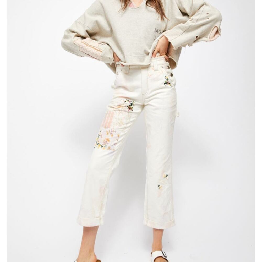 Free People Love Alive Vintage Floral Embroidered Patchwork Boyfriend Jeans 27